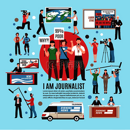 记者工作图片_蓝色背景下的记者职业组合，包括