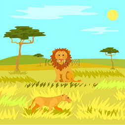 草原天空图片_坐在草原上的狮子，非洲田野和山
