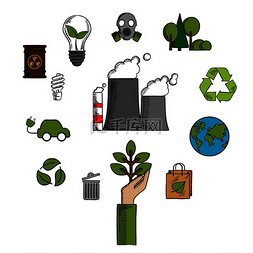 绿色能源工厂图片_环境和生态保护图标，包括回收、