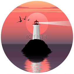 手绘and图片_vector illustration of lighthouse on the sea.