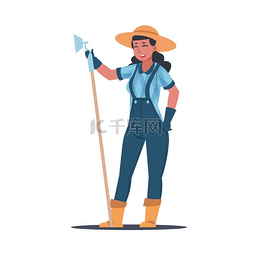 农业工作卡通女农民手持锄头在田