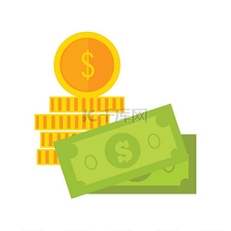 支付图标图片_纸币和硬币矢量扁平风格美元钞票