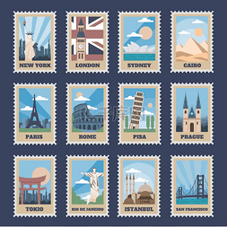 国家图标图片_旅行邮票带有国家地标的复古邮票