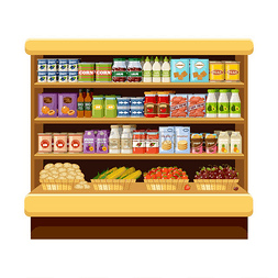 超市，货架上有产品和饮料。