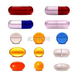 产品包装图片_五颜六色的药丸和胶囊现实集隔离