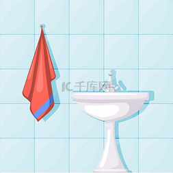 浴室陶瓷洗脸盆、瓷砖墙壁和红毛