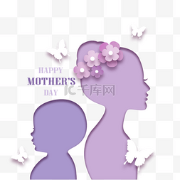 母亲节剪纸画图片_母亲和孩子花卉剪影质感母亲节剪