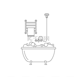 浴缸线条图浴室的矢量薄插图