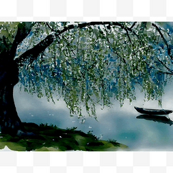 水墨画树船图片_湖水中的船