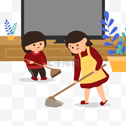 妈妈和孩子图片_新年春节妈妈和孩子打扫房子