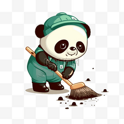 一只熊猫在穿着环卫工人衣服