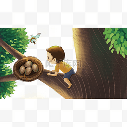 童年夏季小孩爬树鸟窝