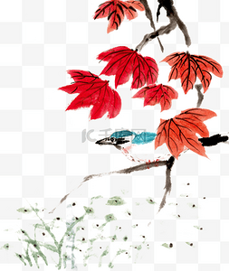 冬季树枝水墨图片_枫叶与翠鸟水墨