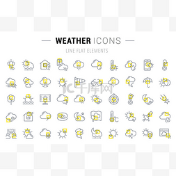天气图标天气标志图片_一套向量线图标和标志与黄色的天