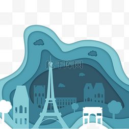 天空全景城市图片_巴黎城市风景剪纸风格蓝色
