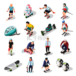 青年AI矢量插图图片_滚轮和滑板运动员等距图标集运动