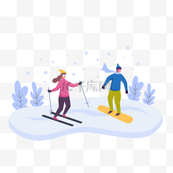雪地滑雪的情侣扁平风格插画