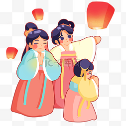 孔明灯图片_中元节七月半汉服女生放天灯祈祷