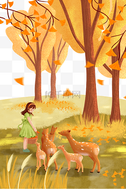 秋天秋景秋女孩在森林里喂鹿