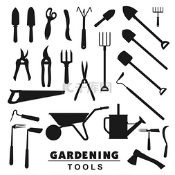 手推车图标图片_花园和农具轮廓图标耙子和农场叉