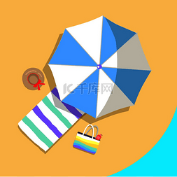 蓝色和白色太阳伞、女性帽子、带