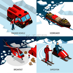 破冰图片_极地站4等轴测图标概念与履带车