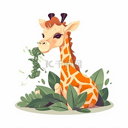卡通正在图片_一只正在吃树叶的长颈鹿