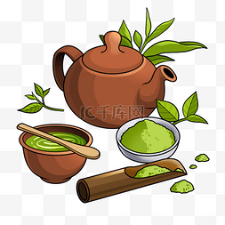 抹茶茶具用品插画风格棕色