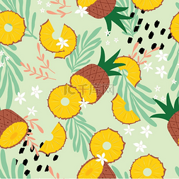 水果无缝图案，菠萝与热带叶子，
