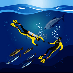 动物和人类背景图片_水下深度研究，带潜水设备和鱼类