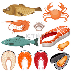 斑马贻贝图片_海鲜白色背景上的鱼虾贻贝和螃蟹