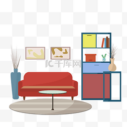 极简墙面图片_客厅书柜红沙发扁平风格插画