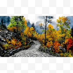 秋季的山路水墨