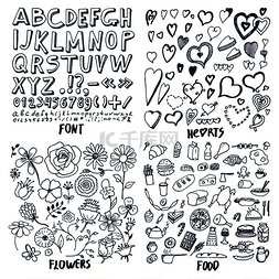 一组字体心花和食物模板矢量插图