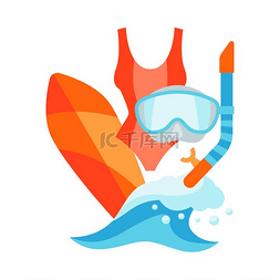 潜水图片_冲浪和潜水的夏季插图。