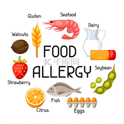 食物过敏背景与过敏原和符号。医