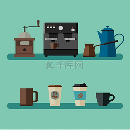 咖啡机和咖啡豆图片_带有简单图标咖啡机、杯子、咖啡
