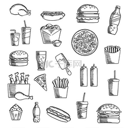 素描汉堡包图片_外卖和快餐素描图标包括炸薯条、
