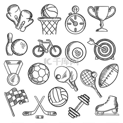 橄榄球奖杯图片_运动和健身素描图标与运动排球、