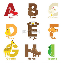 从 A 到 I 的字母表动物的矢量插图
