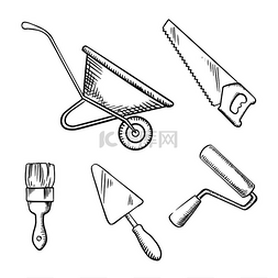 手锯、抹子、手推车、油漆刷和滚