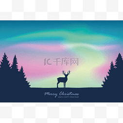 圣诞图片_圣诞贺卡上有驯鹿在北极光下的背