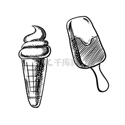 香草味图片_巧克力冰淇淋棒和软冰淇淋锥与白