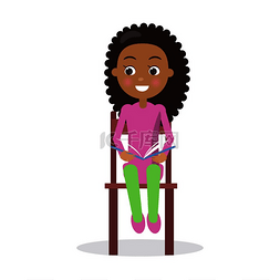 图书矢量插图图片_带着教科书的非洲微笑女孩坐在椅
