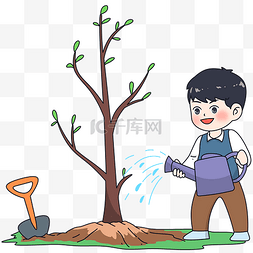 植树节树图片_漫画风植树节植树浇水男孩