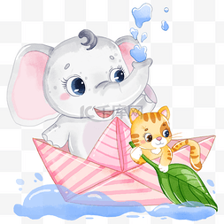 卡通画水彩图片_小象宝宝纸船玩水卡通水彩画
