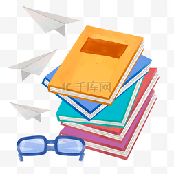 教育水彩边框美丽眼镜和书本