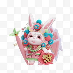 国潮福字图片_兔年糖果色京剧国潮3D兔子抱萝卜