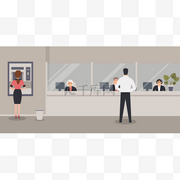 卡通手绘植物矢量图片_银行办公室内部：银行职员坐在玻