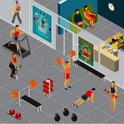 健身房活动图片_健身等距构图体操区旋转大厅的室